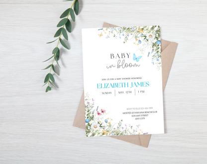Wildflower Baby Shower Invitation Template Boy | Editable Canva Template | 5x7in & WhatsApp | Digital Download