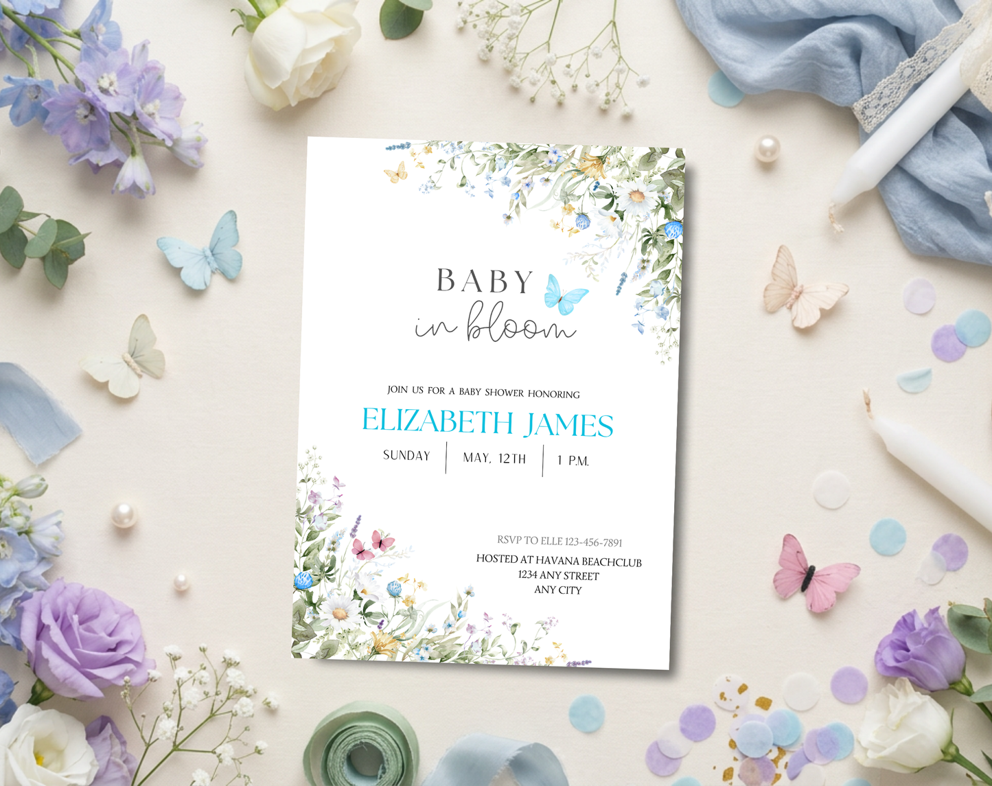 Wildflower Baby Shower Invitation Template Boy | Editable Canva Template | 5x7in & WhatsApp | Digital Download