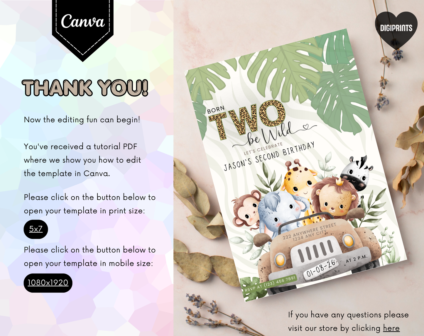 Safari Second Birthday Invitation Template | Editable Canva Template | 5x7in & WhatsApp | Digital Download