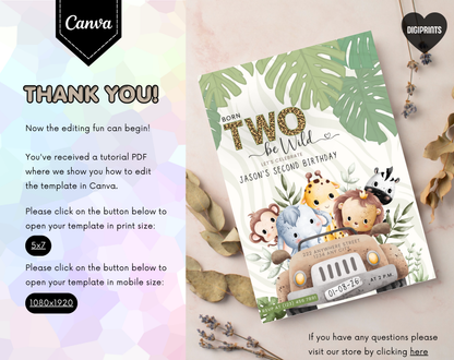 Safari Second Birthday Invitation Template | Editable Canva Template | 5x7in & WhatsApp | Digital Download