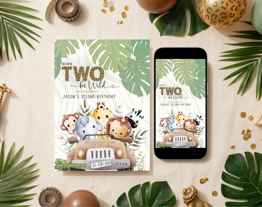 Safari Second Birthday Invitation Template | Editable Canva Template | 5x7in & WhatsApp | Digital Download