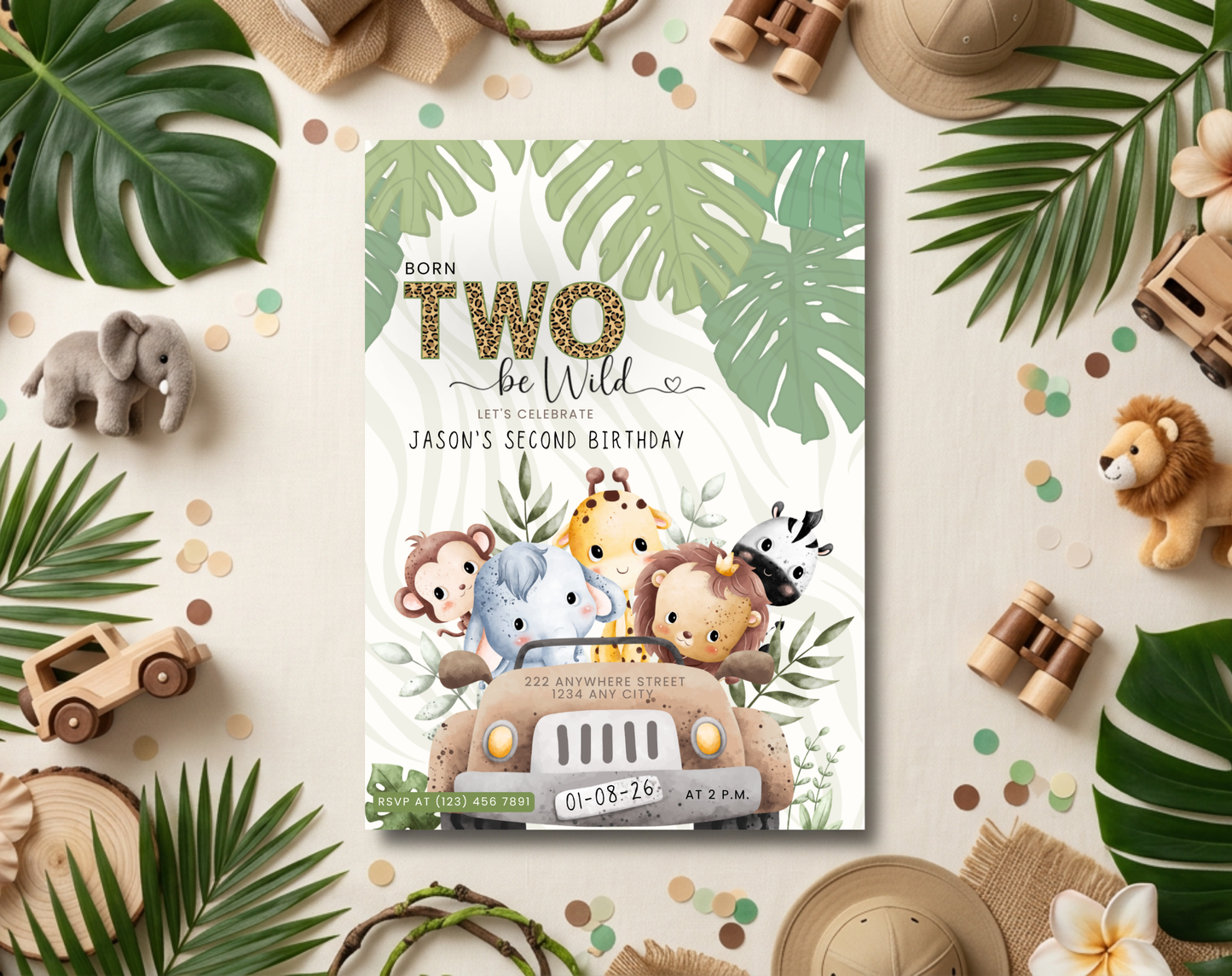 Safari Second Birthday Invitation Template | Editable Canva Template | 5x7in & WhatsApp | Digital Download
