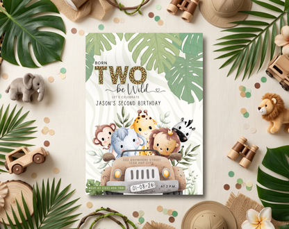 Safari Second Birthday Invitation Template | Editable Canva Template | 5x7in & WhatsApp | Digital Download