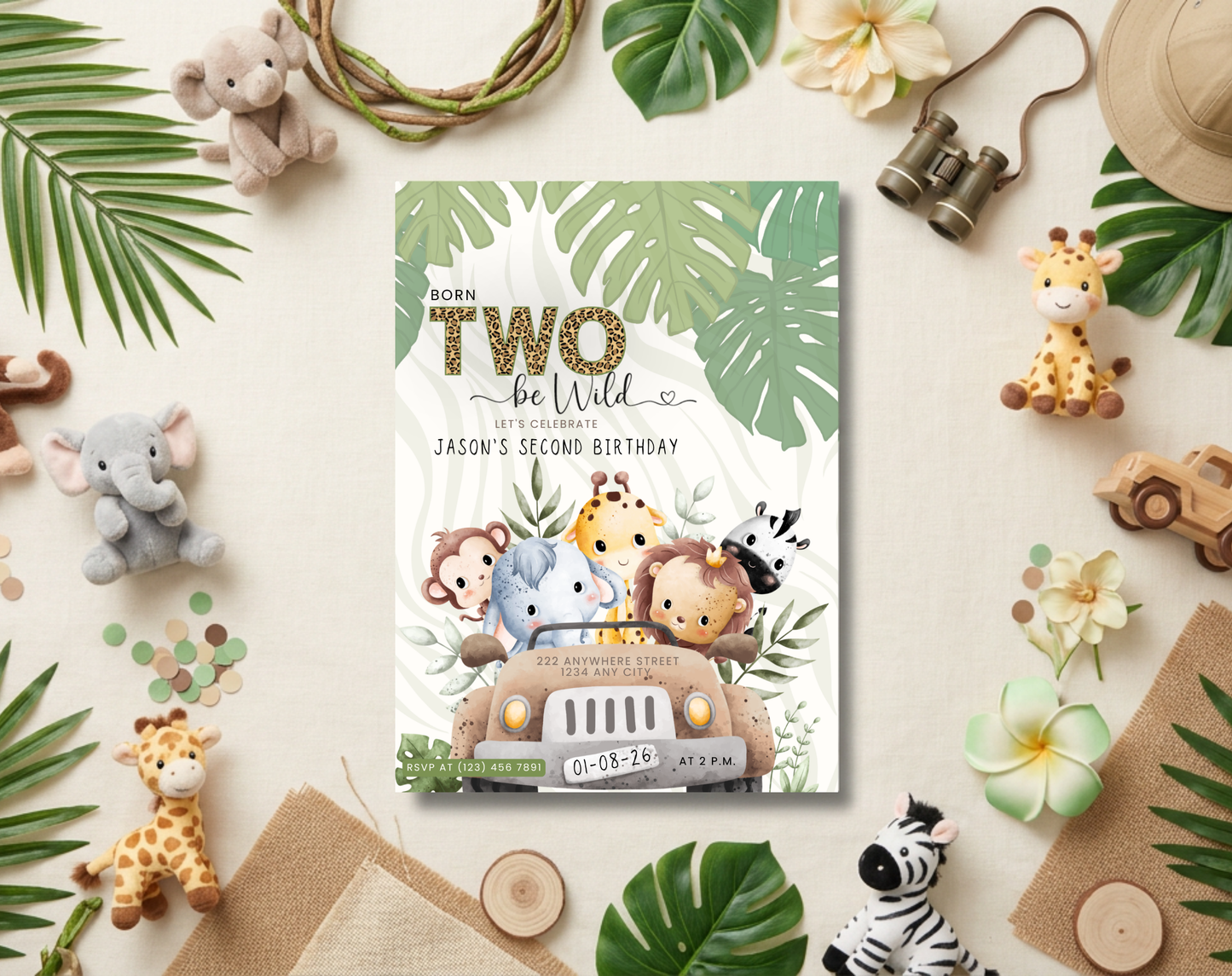 Safari Second Birthday Invitation Template | Editable Canva Template | 5x7in & WhatsApp | Digital Download