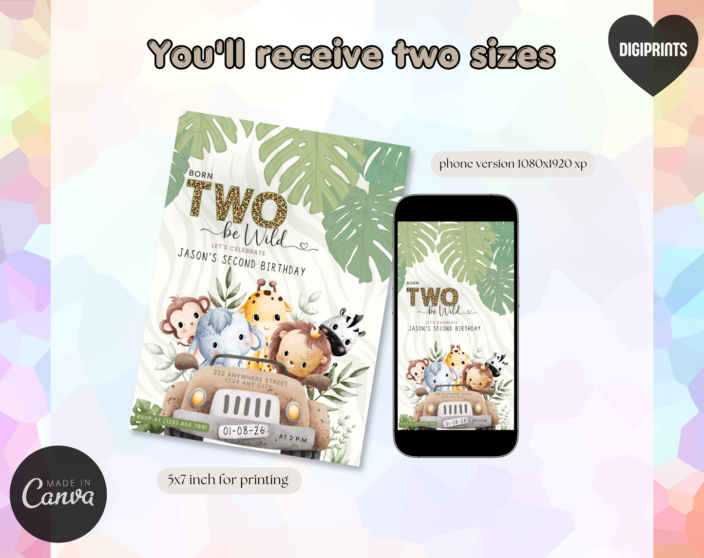Safari Second Birthday Invitation Template | Editable Canva Template | 5x7in & WhatsApp | Digital Download