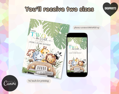 Safari Second Birthday Invitation Template Gradient | Editable Canva Template | 5x7in & WhatsApp | Digital Download