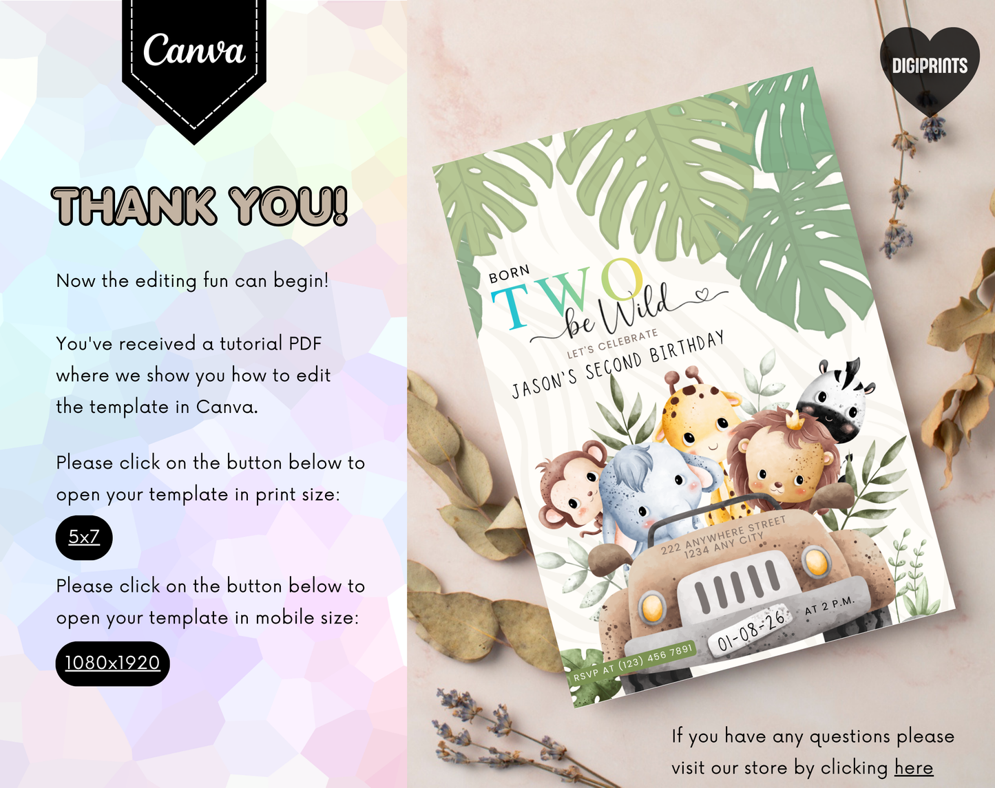 Safari Second Birthday Invitation Template Gradient | Editable Canva Template | 5x7in & WhatsApp | Digital Download