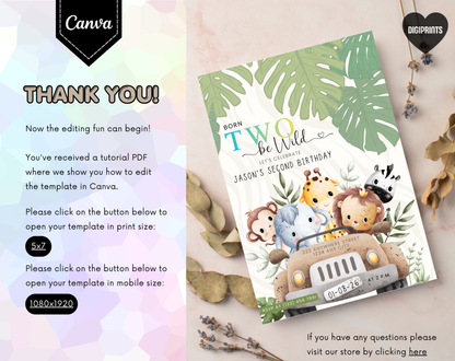 Safari Second Birthday Invitation Template Gradient | Editable Canva Template | 5x7in & WhatsApp | Digital Download