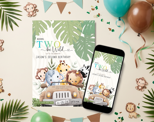 Safari Second Birthday Invitation Template Gradient | Editable Canva Template | 5x7in & WhatsApp | Digital Download