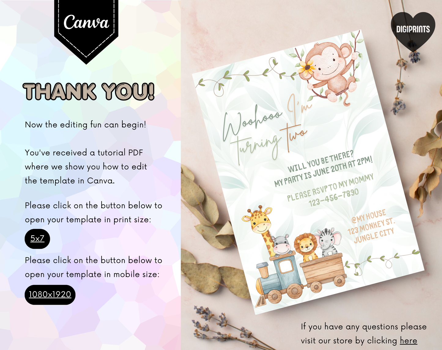 Jungle Train Second Birthday Invitation Template | Editable Canva Template | 5x7in & WhatsApp | Digital Download