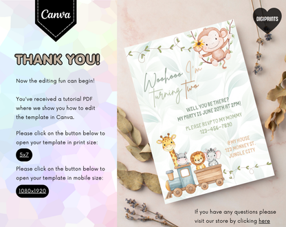 Jungle Train Second Birthday Invitation Template | Editable Canva Template | 5x7in & WhatsApp | Digital Download