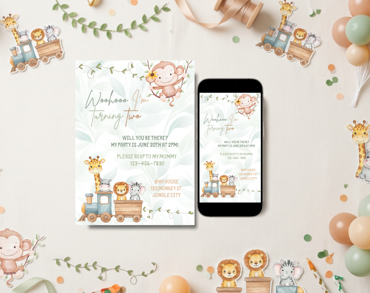 Jungle Train Second Birthday Invitation Template | Editable Canva Template | 5x7in & WhatsApp | Digital Download