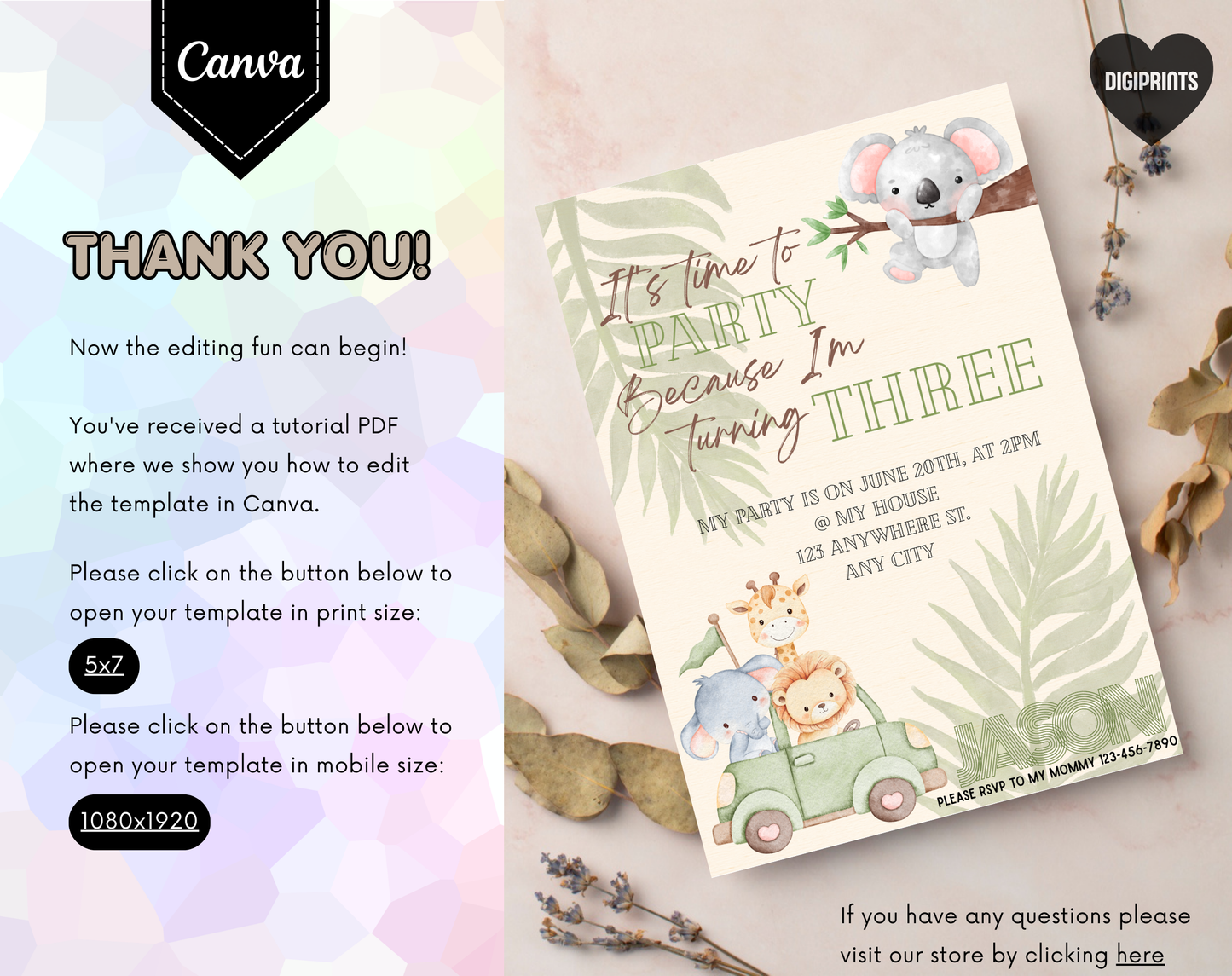 Jungle Safari Third Birthday Invitation Template | Editable Canva Template | 5x7in & WhatsApp | Digital Download