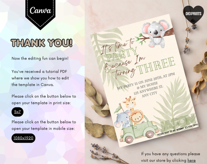 Jungle Safari Third Birthday Invitation Template | Editable Canva Template | 5x7in & WhatsApp | Digital Download