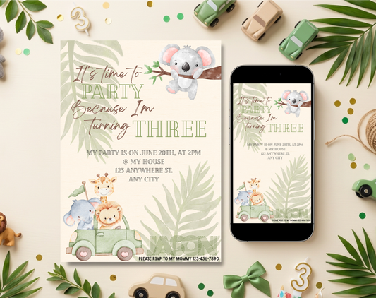 Jungle Safari Third Birthday Invitation Template | Editable Canva Template | 5x7in & WhatsApp | Digital Download