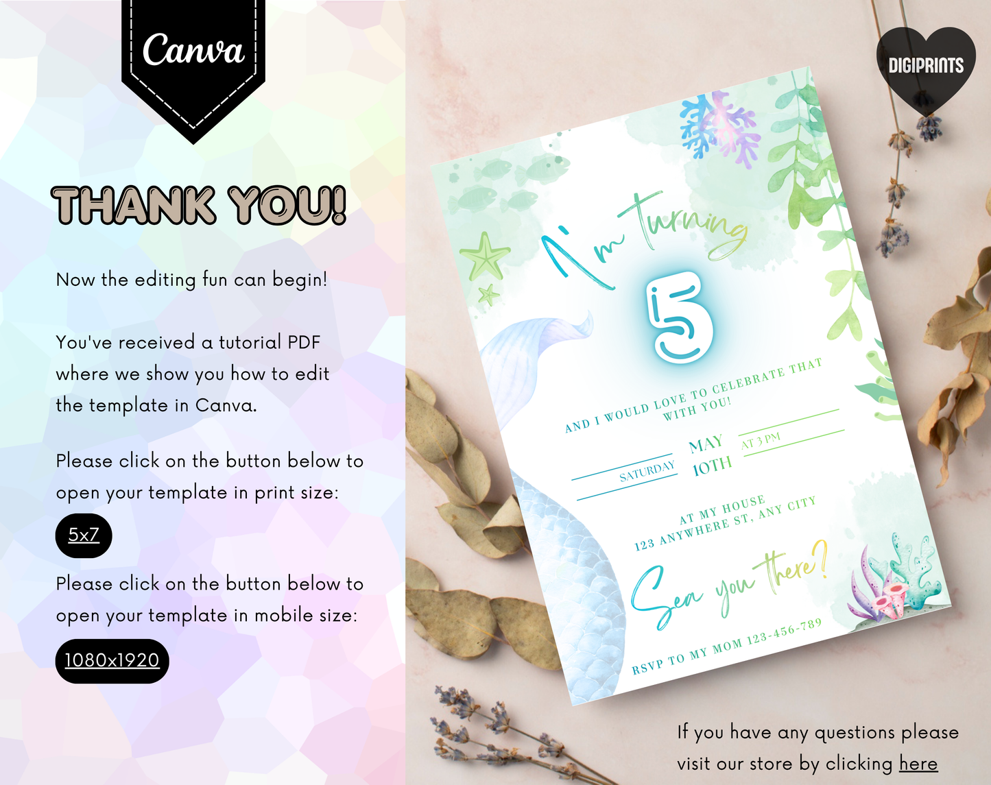 Mermaid Fifth Birthday Invitation Template | Editable Canva Template | 5x7in & WhatsApp | Digital Download