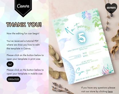 Mermaid Fifth Birthday Invitation Template | Editable Canva Template | 5x7in & WhatsApp | Digital Download