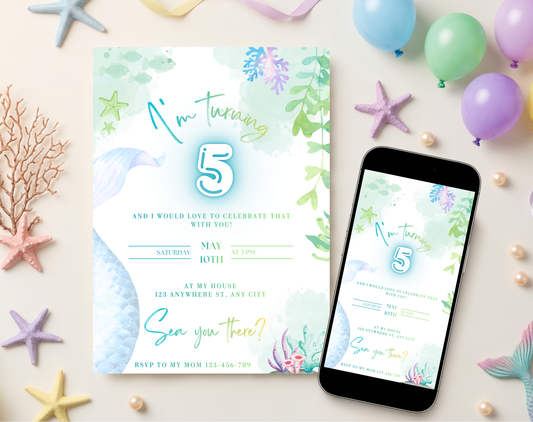 Mermaid Fifth Birthday Invitation Template | Editable Canva Template | 5x7in & WhatsApp | Digital Download