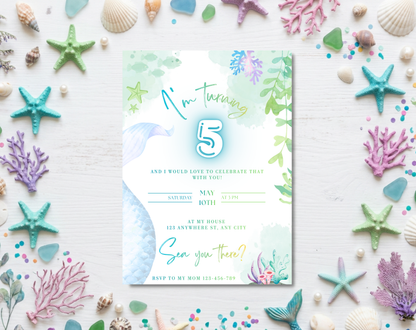 Mermaid Fifth Birthday Invitation Template | Editable Canva Template | 5x7in & WhatsApp | Digital Download