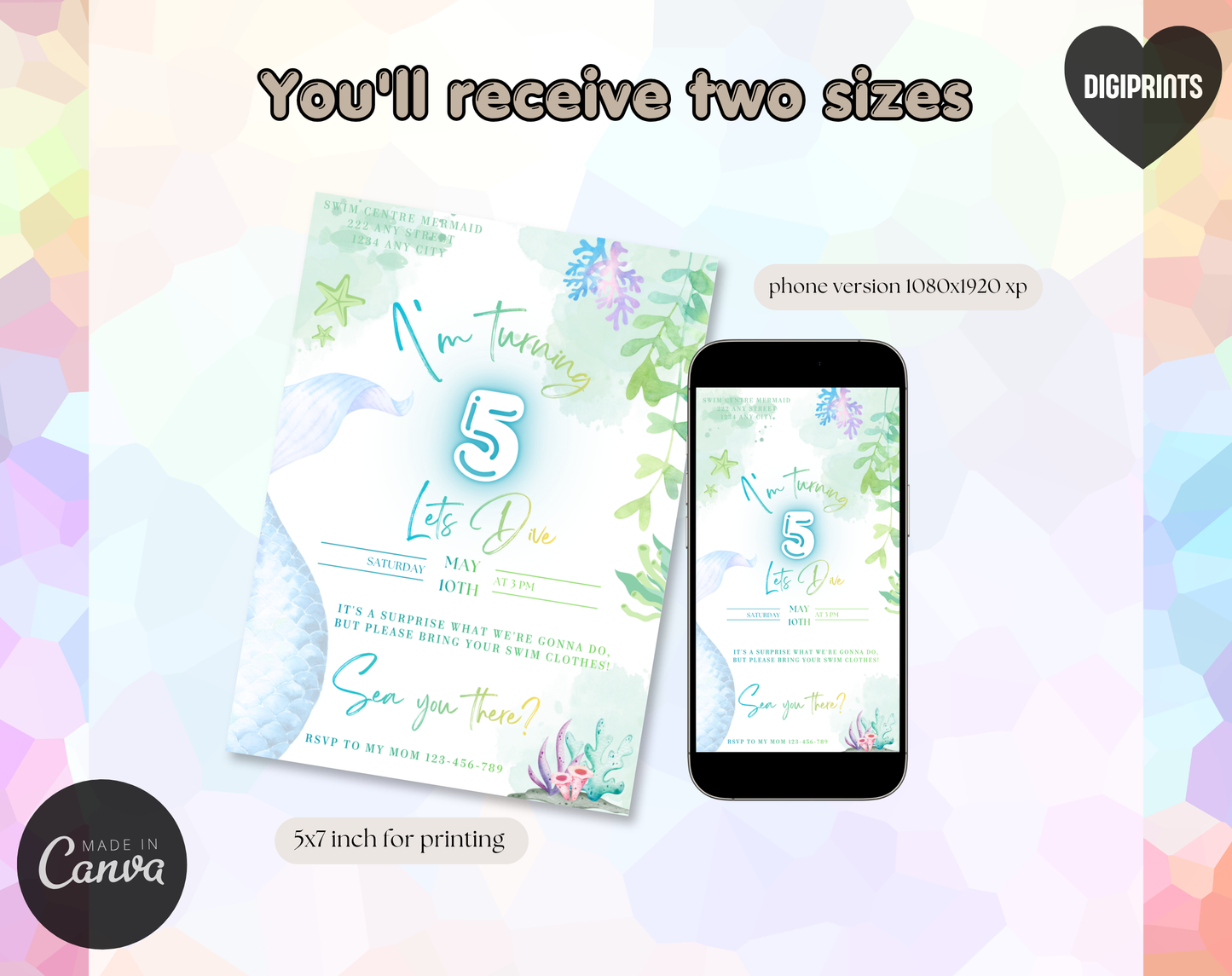 Mermaid Swim Party Fifth Birthday Invitation Template | Editable Canva Template | 5x7in & WhatsApp | Digital Download
