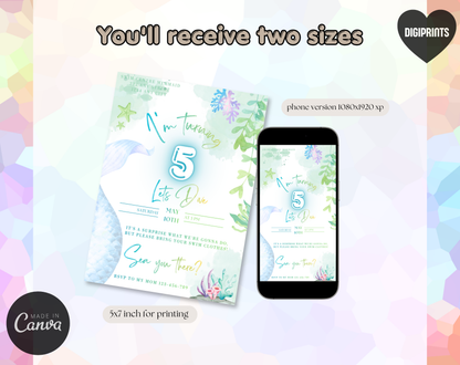 Mermaid Swim Party Fifth Birthday Invitation Template | Editable Canva Template | 5x7in & WhatsApp | Digital Download