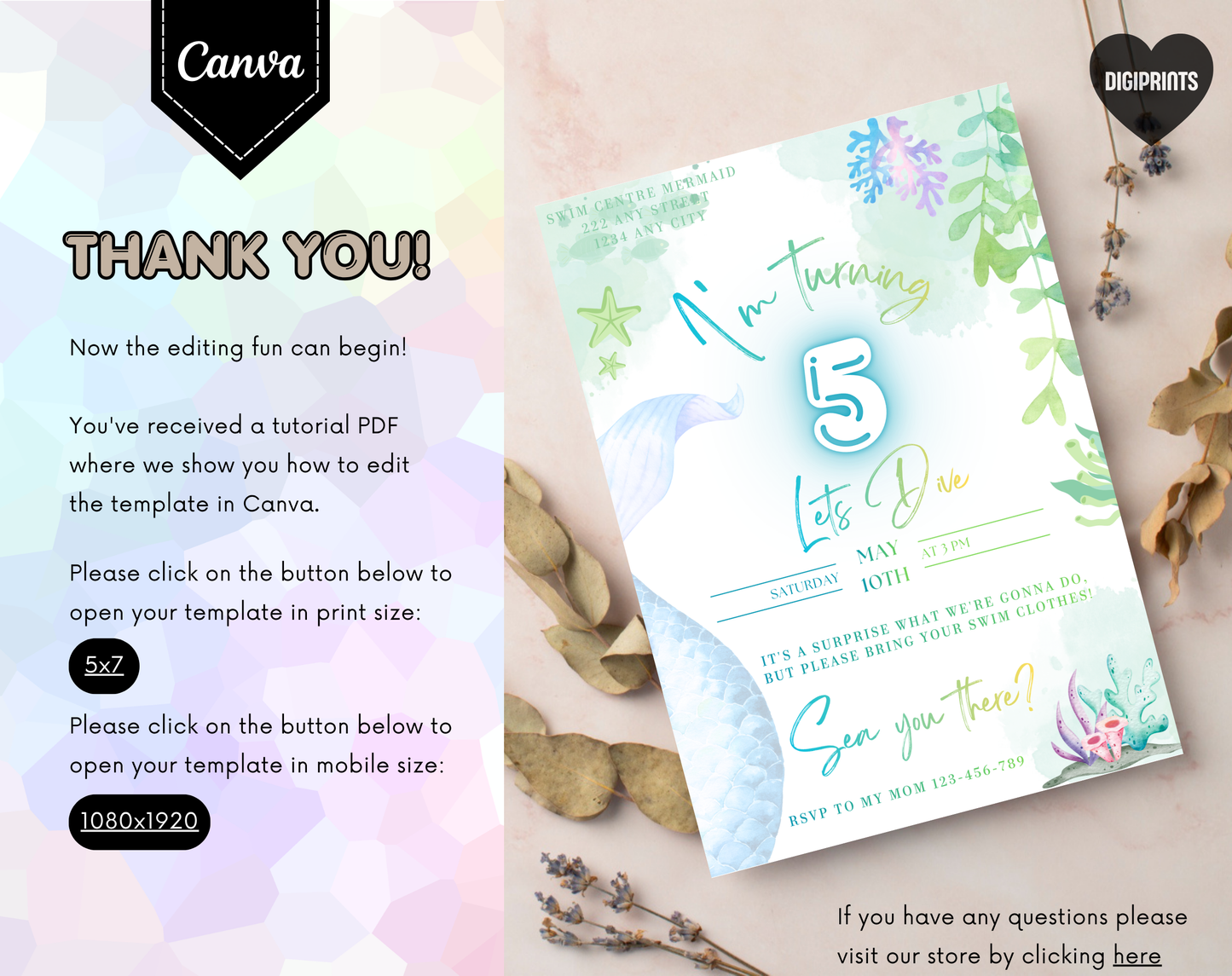 Mermaid Swim Party Fifth Birthday Invitation Template | Editable Canva Template | 5x7in & WhatsApp | Digital Download