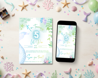 Mermaid Swim Party Fifth Birthday Invitation Template | Editable Canva Template | 5x7in & WhatsApp | Digital Download