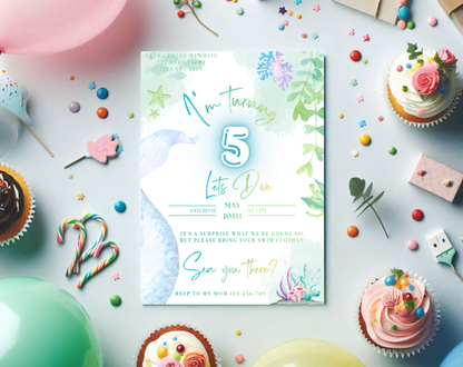 Mermaid Swim Party Fifth Birthday Invitation Template | Editable Canva Template | 5x7in & WhatsApp | Digital Download