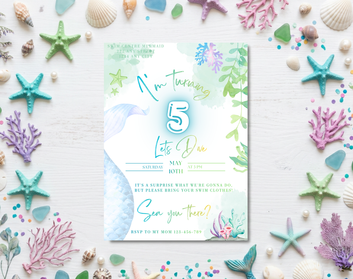 Mermaid Swim Party Fifth Birthday Invitation Template | Editable Canva Template | 5x7in & WhatsApp | Digital Download