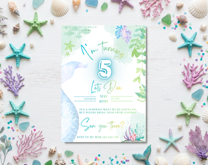 Mermaid Swim Party Fifth Birthday Invitation Template | Editable Canva Template | 5x7in & WhatsApp | Digital Download