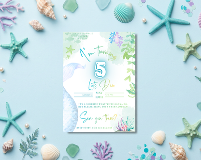 Mermaid Swim Party Fifth Birthday Invitation Template | Editable Canva Template | 5x7in & WhatsApp | Digital Download