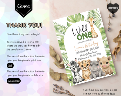 Wild One Safari First Birthday Invitation Template | Editable Canva Template | 5x7in & WhatsApp | Digital Download