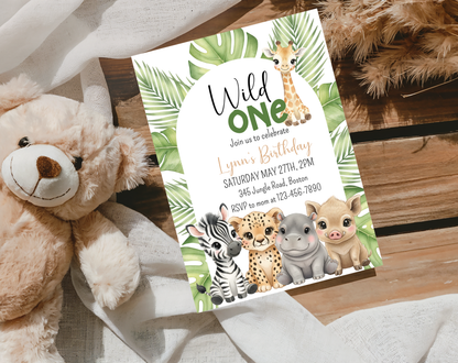 Wild One Safari First Birthday Invitation Template | Editable Canva Template | 5x7in & WhatsApp | Digital Download