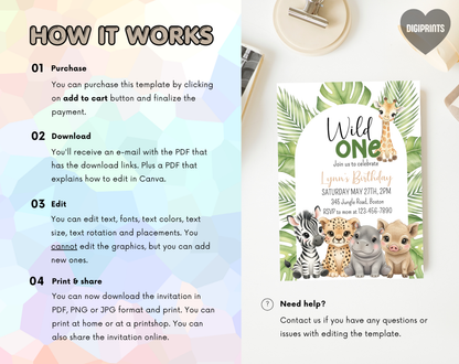 Wild One Safari First Birthday Invitation Template | Editable Canva Template | 5x7in & WhatsApp | Digital Download