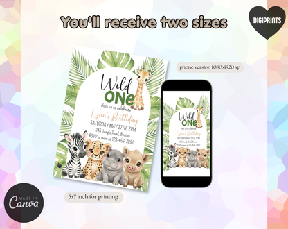 Wild One Safari First Birthday Invitation Template | Editable Canva Template | 5x7in & WhatsApp | Digital Download
