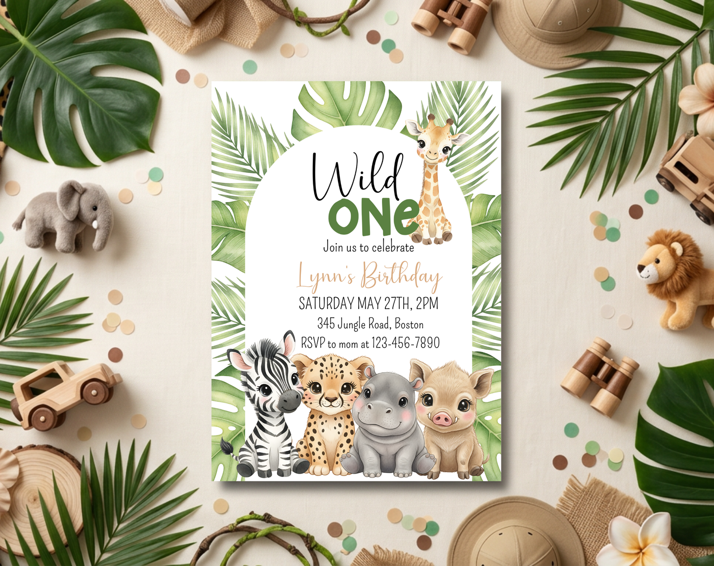 Wild One Safari First Birthday Invitation Template | Editable Canva Template | 5x7in & WhatsApp | Digital Download