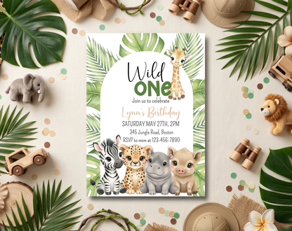 Wild One Safari First Birthday Invitation Template | Editable Canva Template | 5x7in & WhatsApp | Digital Download