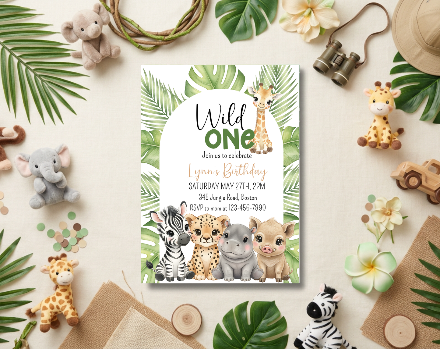 Wild One Safari First Birthday Invitation Template | Editable Canva Template | 5x7in & WhatsApp | Digital Download