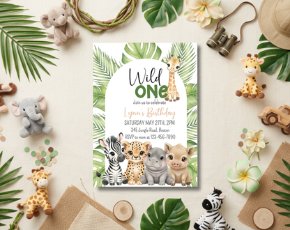 Wild One Safari First Birthday Invitation Template | Editable Canva Template | 5x7in & WhatsApp | Digital Download