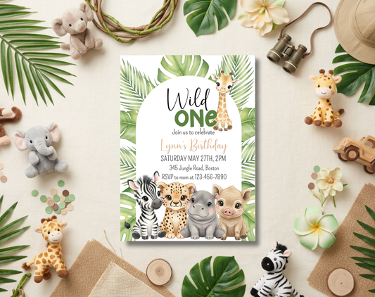 Wild One Safari First Birthday Invitation Template | Editable Canva Template | 5x7in & WhatsApp | Digital Download