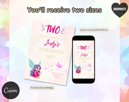 Fairy Second Birthday Invitation Template | Editable Canva Template | 5x7in & WhatsApp | Digital Download
