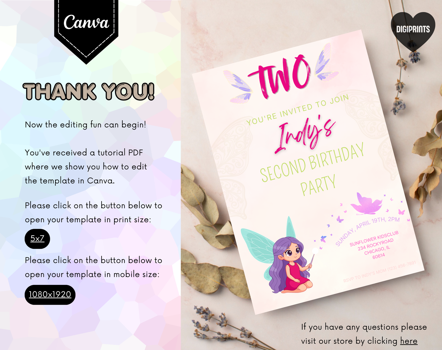 Fairy Second Birthday Invitation Template | Editable Canva Template | 5x7in & WhatsApp | Digital Download
