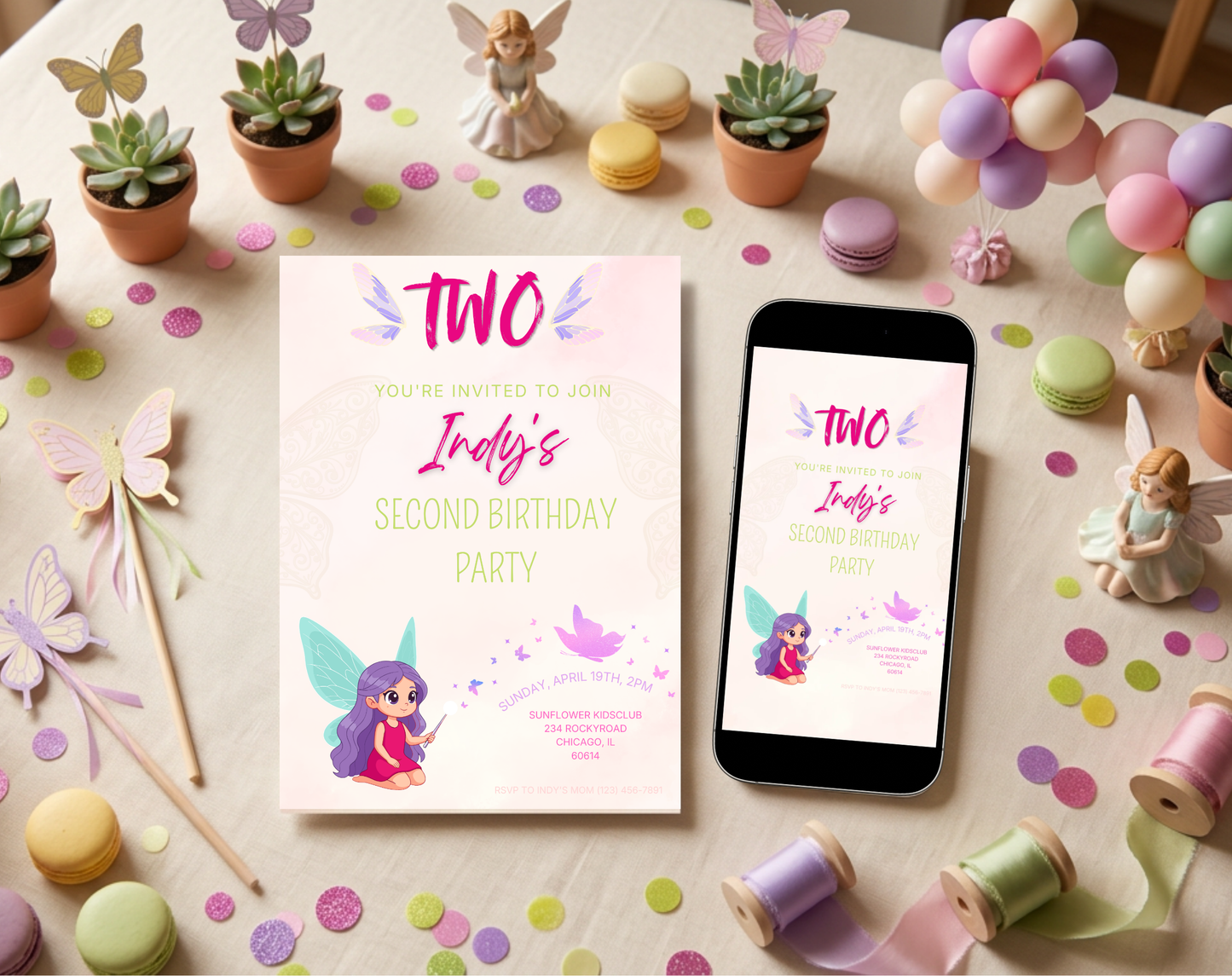Fairy Second Birthday Invitation Template | Editable Canva Template | 5x7in & WhatsApp | Digital Download