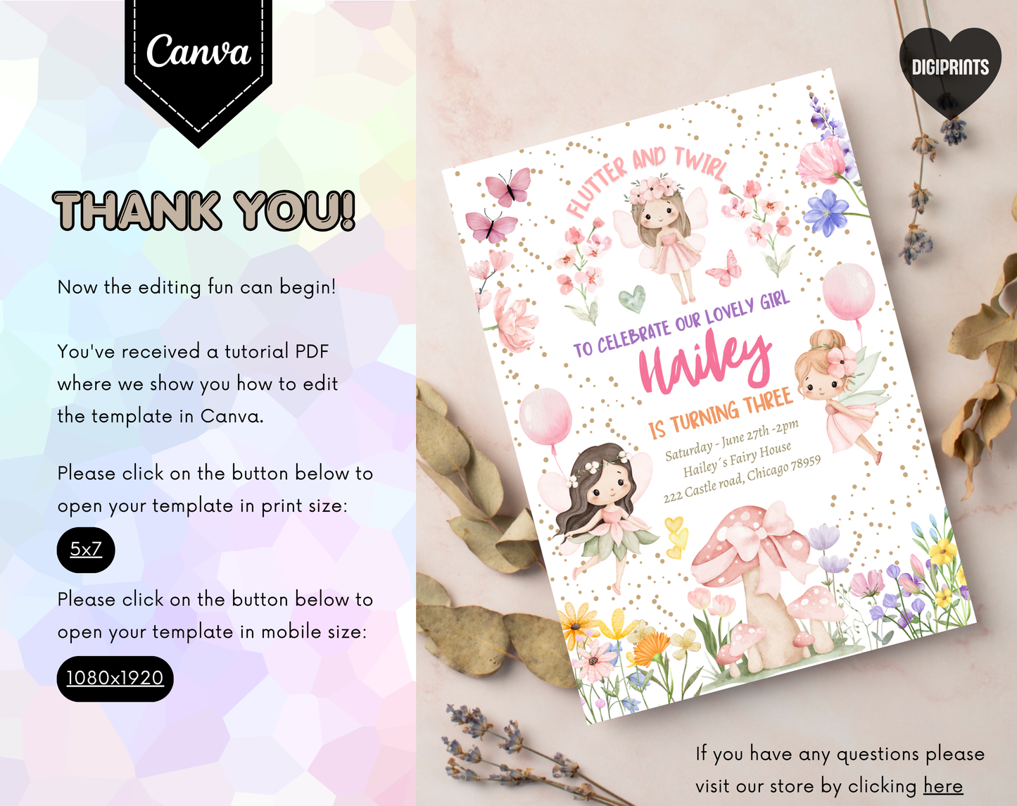 Fairy Garden Third Birthday Invitation Template | Editable Canva Template | 5x7in & WhatsApp | Digital Download