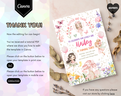 Fairy Garden Third Birthday Invitation Template | Editable Canva Template | 5x7in & WhatsApp | Digital Download