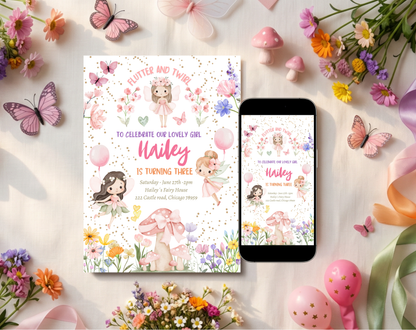 Fairy Garden Third Birthday Invitation Template | Editable Canva Template | 5x7in & WhatsApp | Digital Download