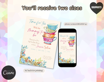 High Tea Baby Shower Invitation Template | Editable Canva Template | 5x7in & WhatsApp | Digital Download