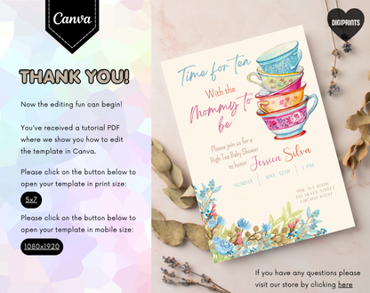 High Tea Baby Shower Invitation Template | Editable Canva Template | 5x7in & WhatsApp | Digital Download