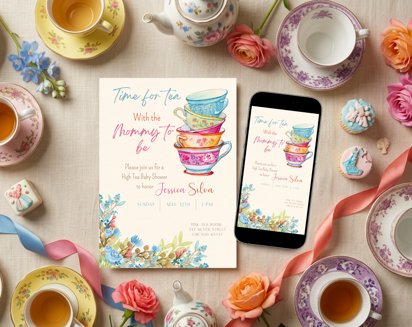 High Tea Baby Shower Invitation Template | Editable Canva Template | 5x7in & WhatsApp | Digital Download