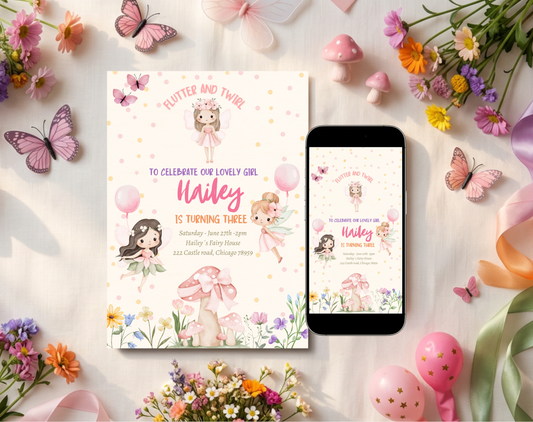Fairy Garden Third Birthday Invitation Template Cream | Editable Canva Template | 5x7in & WhatsApp | Digital Download